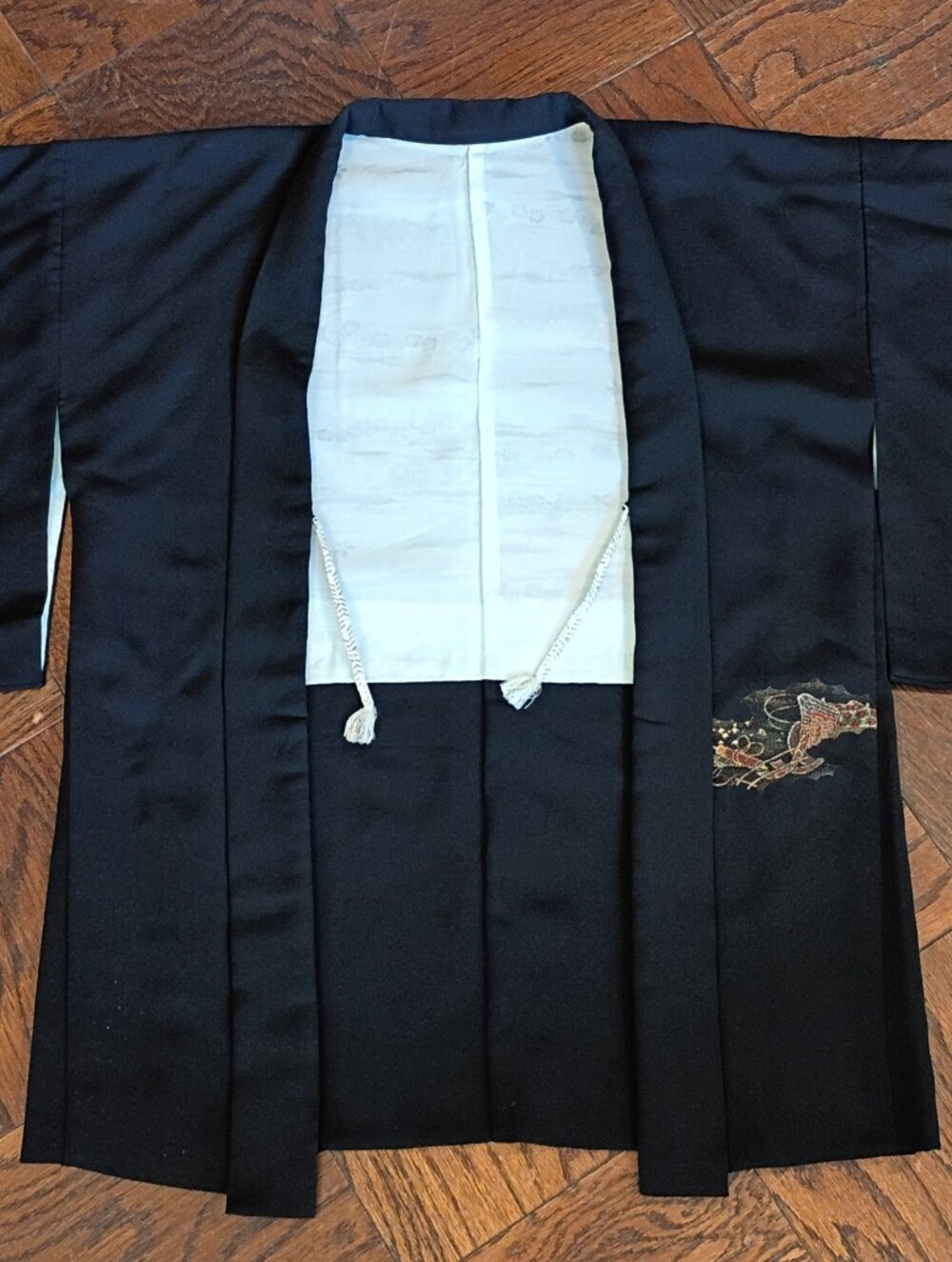 Vintage Black Silk Embroidered Kimono Haori Jacket Twin Lions Size L Japanese